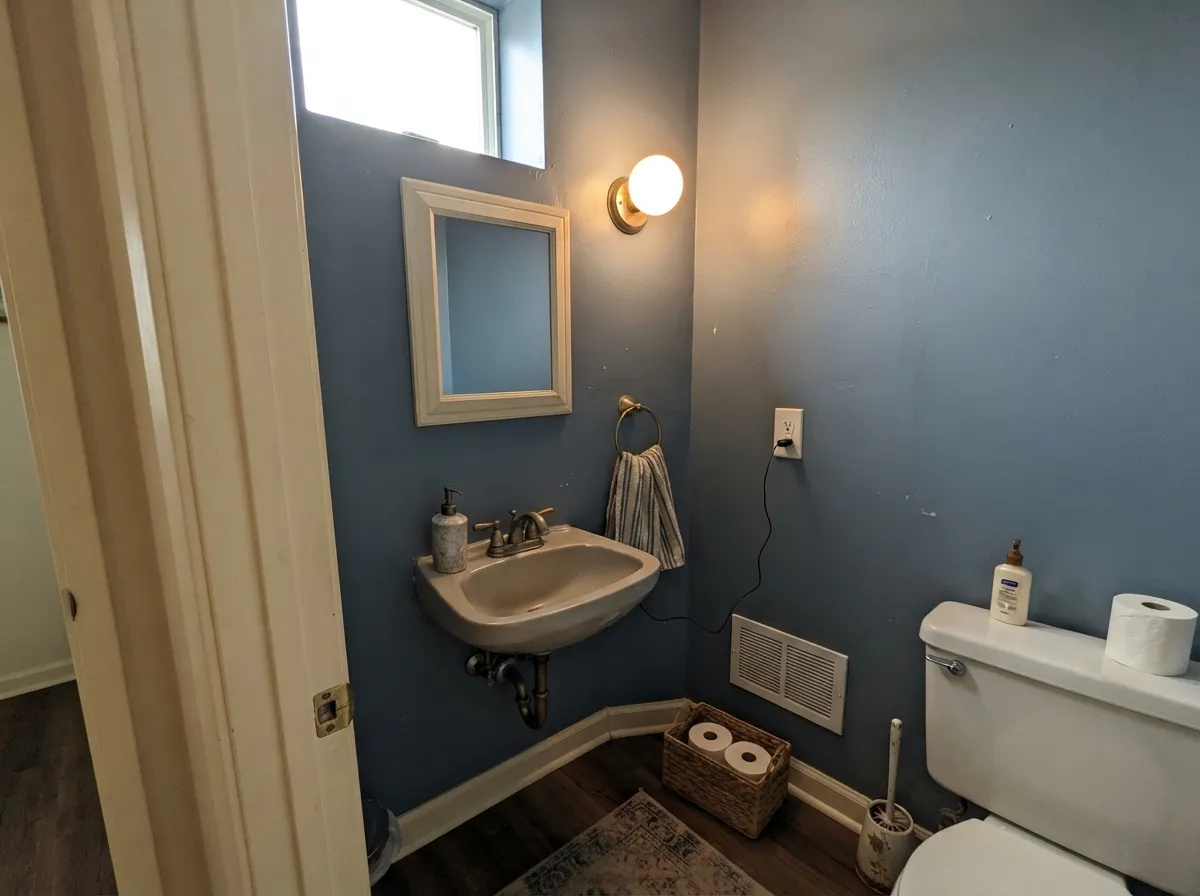 The small-commitment version: a powder-room drench takes the mid-depth blue without asking the whole house to go colonial.