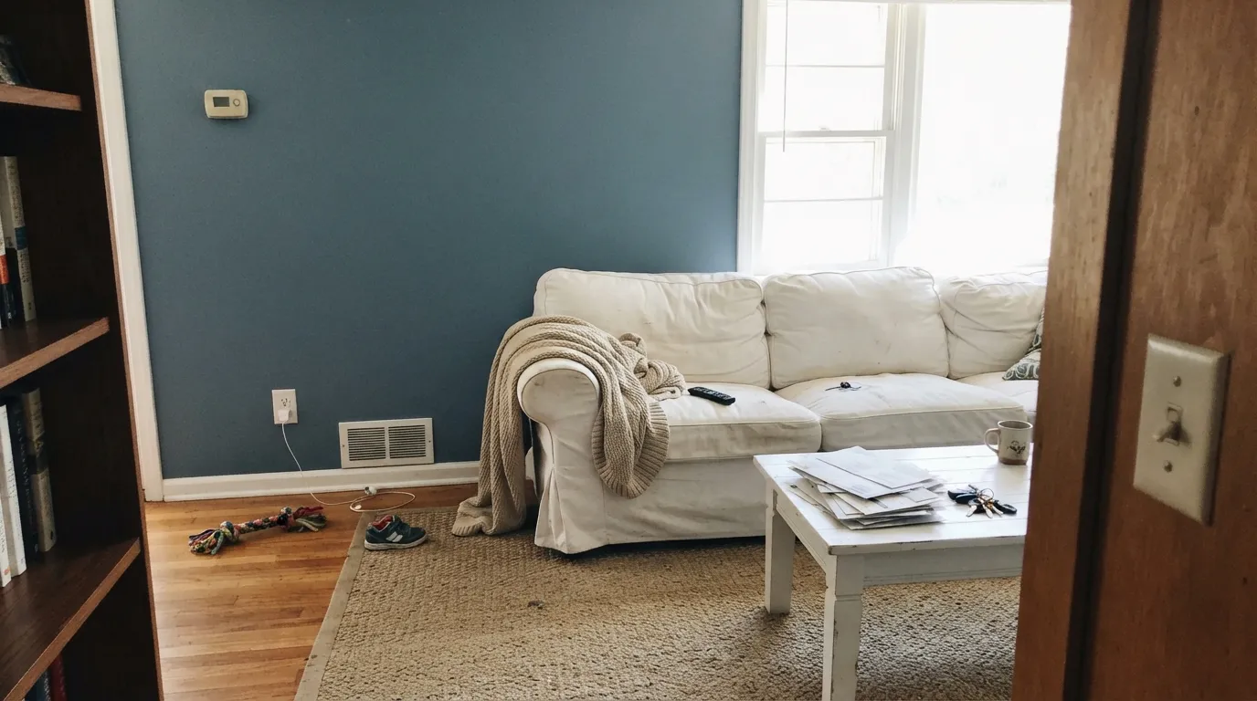 The naming trap: they wanted Benjamin Moore Wedgewood Gray's pale coastal wash (LRV 50) and got a mid-depth pottery blue at LRV 28 — too saturated and too historic for the beachy furniture.