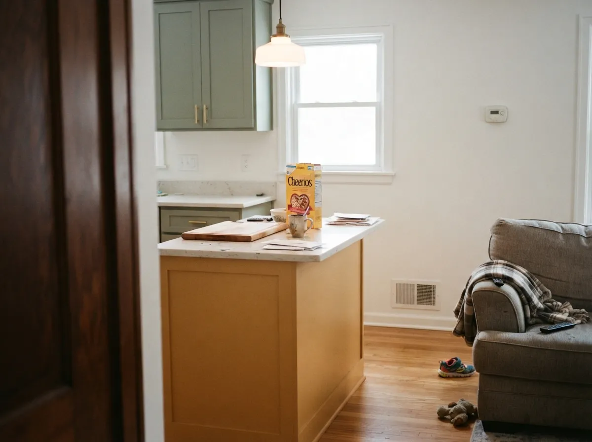 The dose that works: Amber on the island only, with Alabaster walls and Evergreen Fog perimeters so the gold does not take the whole kitchen.