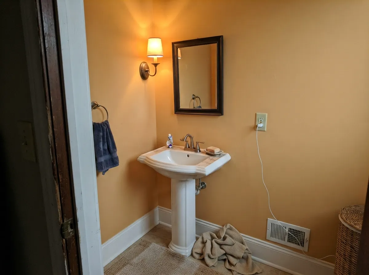 Small rooms take the chroma: an Amber powder room with White Dove trim and brass reads finished, not peach.