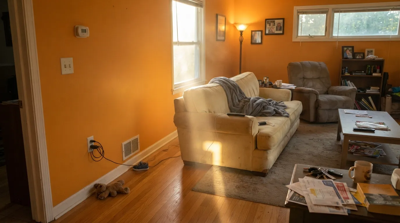 The honest shot: the chip was honey, the walls are orange — four Amber walls plus honey oak in west sun, the pumpkin-cave situation the review warns about.