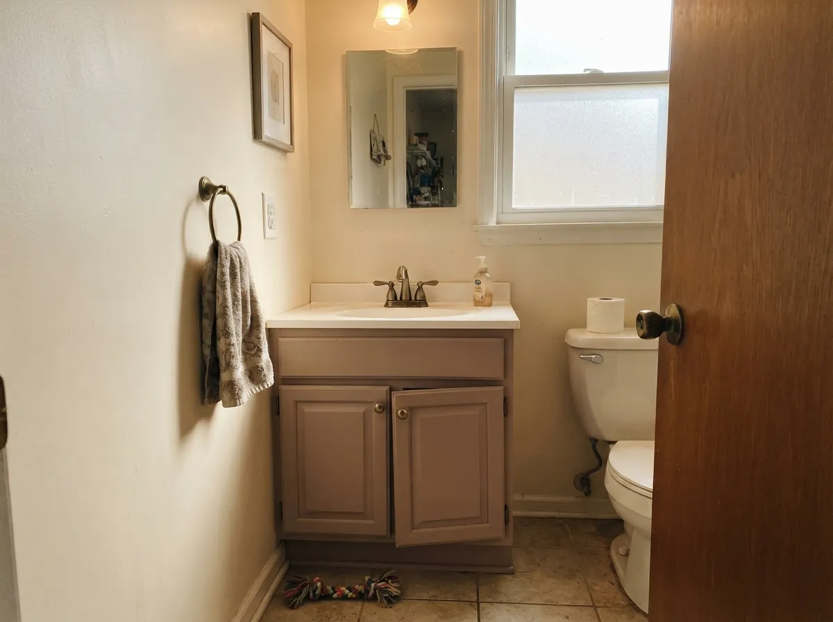 The small-commitment version: a painted vanity under warm light and brass hardware, cream walls doing the rest of the work.