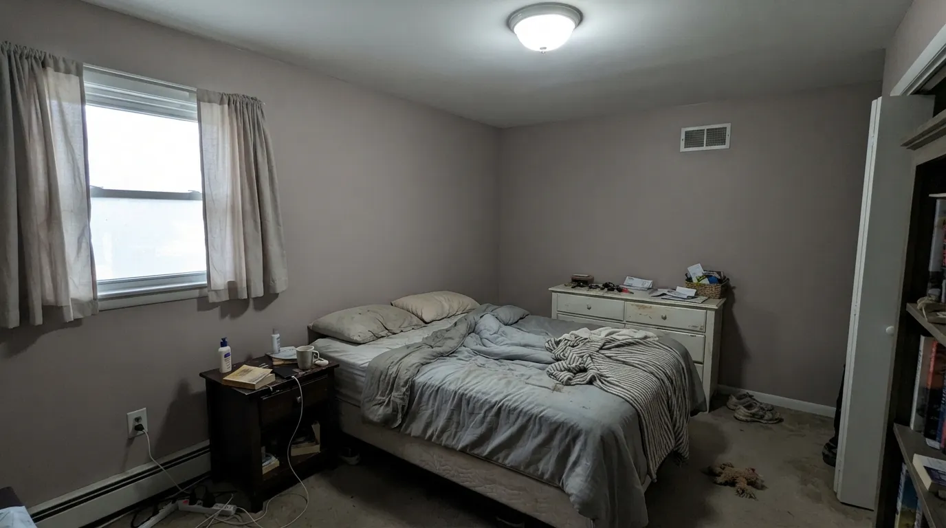 The honest shot: cool LED light and a north window strip the warmth out, leaving a flat, muddy taupe-gray — the moment buyers who wanted either 'pink' or 'gray' both feel let down.