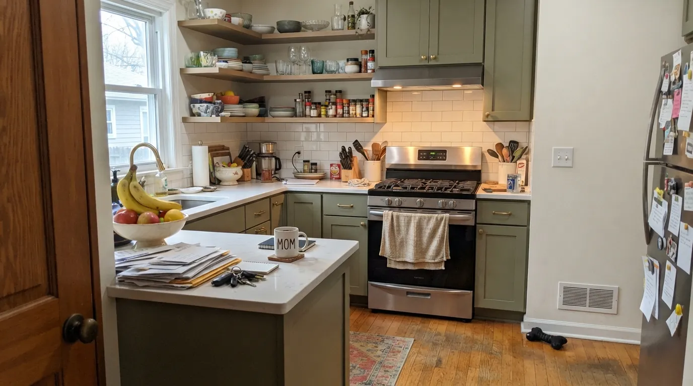 Acacia Haze cabinets against white quartz and brass — the English-cottage look that made it a favorite, in ordinary morning light.