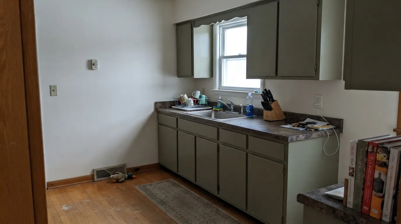 The honest shot: dim north light with honey oak underfoot. The warmth drains out and the green goes muddy — the exact situation behind the flattest reviews.