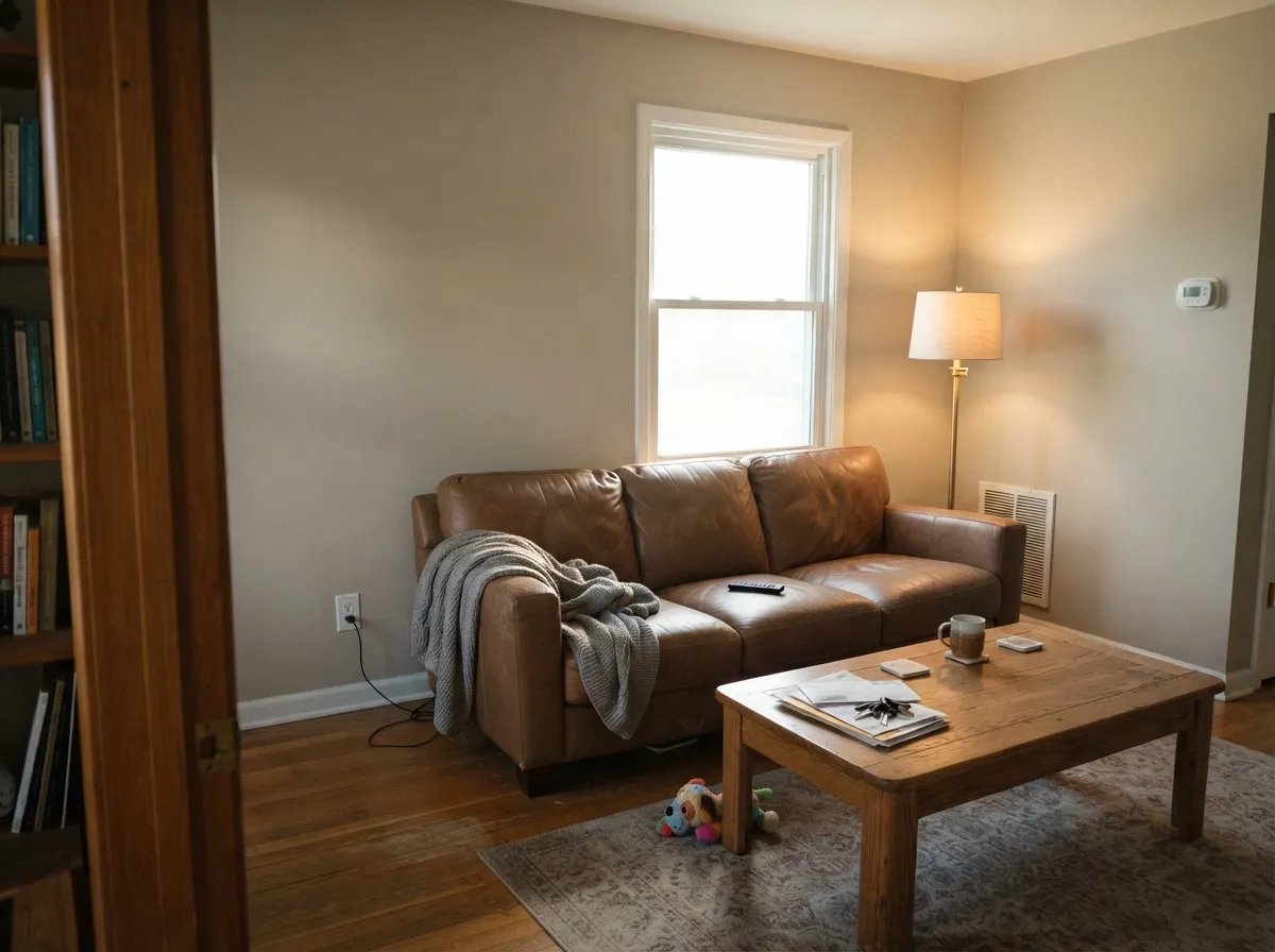 Accessible Beige on living room walls in warm afternoon sunlight with oak and leather furniture.