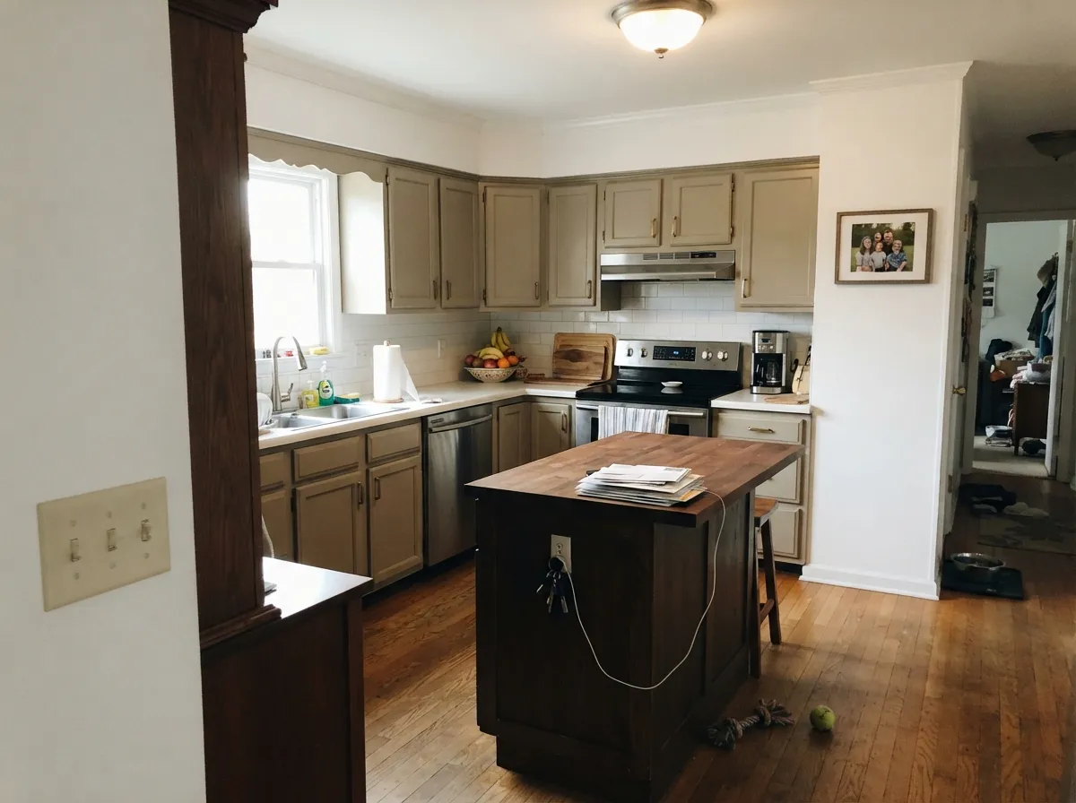 Accessible Beige on kitchen perimeter cabinets with brass pulls and a dark island for contrast.