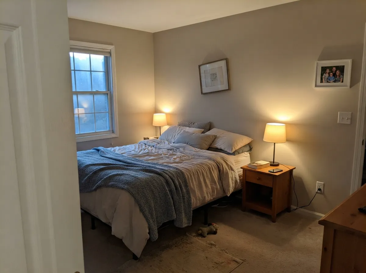 Accessible Beige bedroom walls glowing warm under bedside lamps at night.