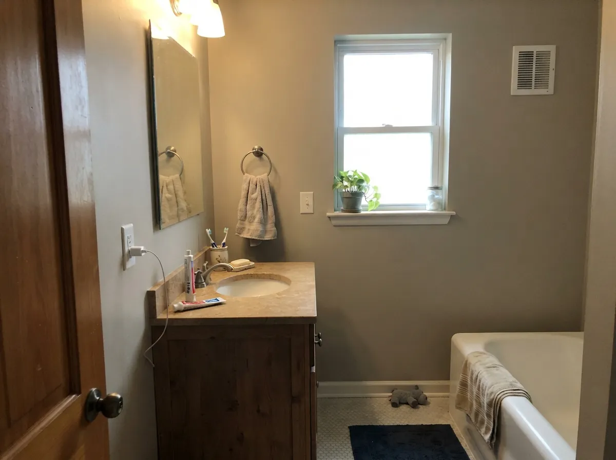 Accessible Beige bathroom walls with daylight, a wood vanity, and warm stone counter.