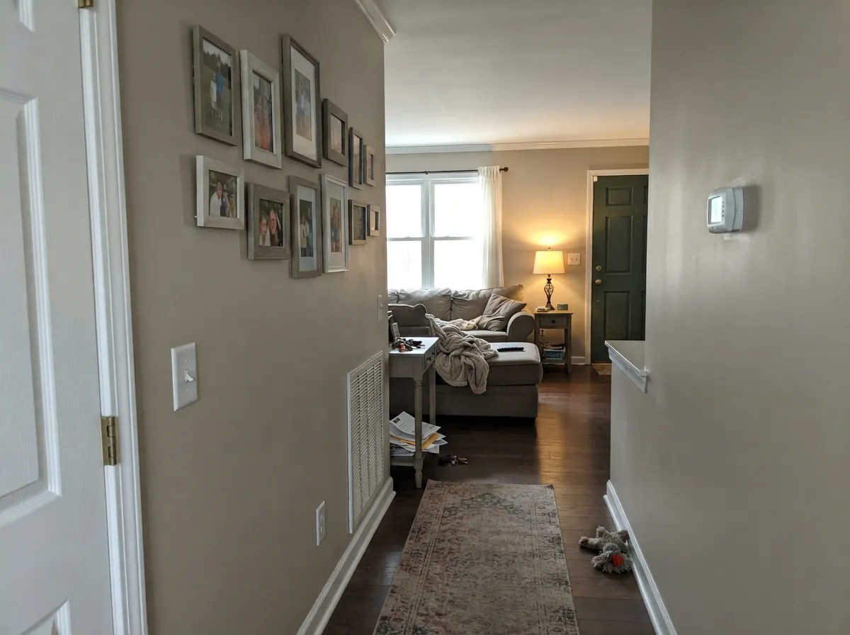 Accessible Beige carried through hallway and open-plan walls with white trim and a dark door.