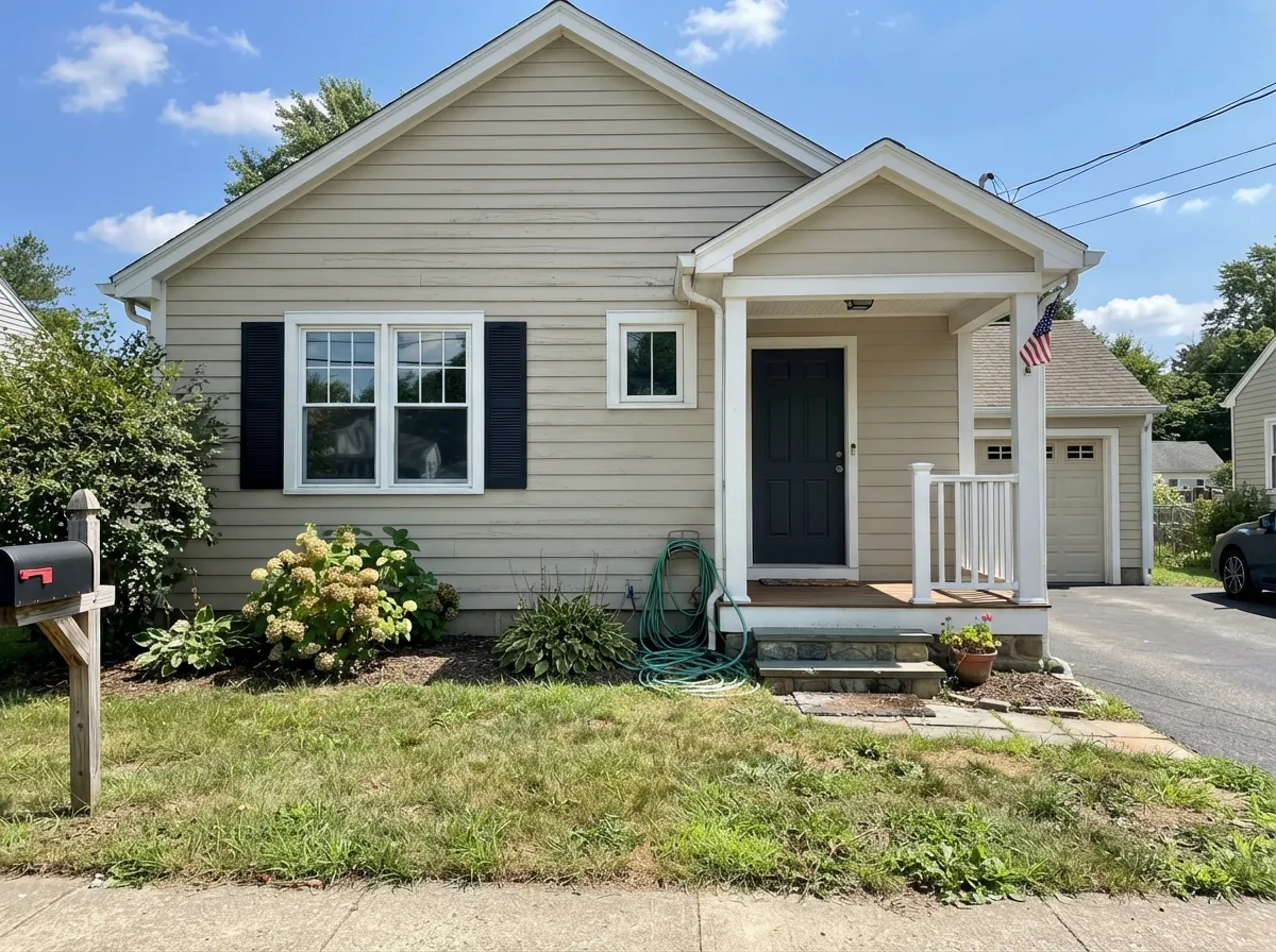 Accessible Beige exterior siding in full sun with white trim and a dark front door.