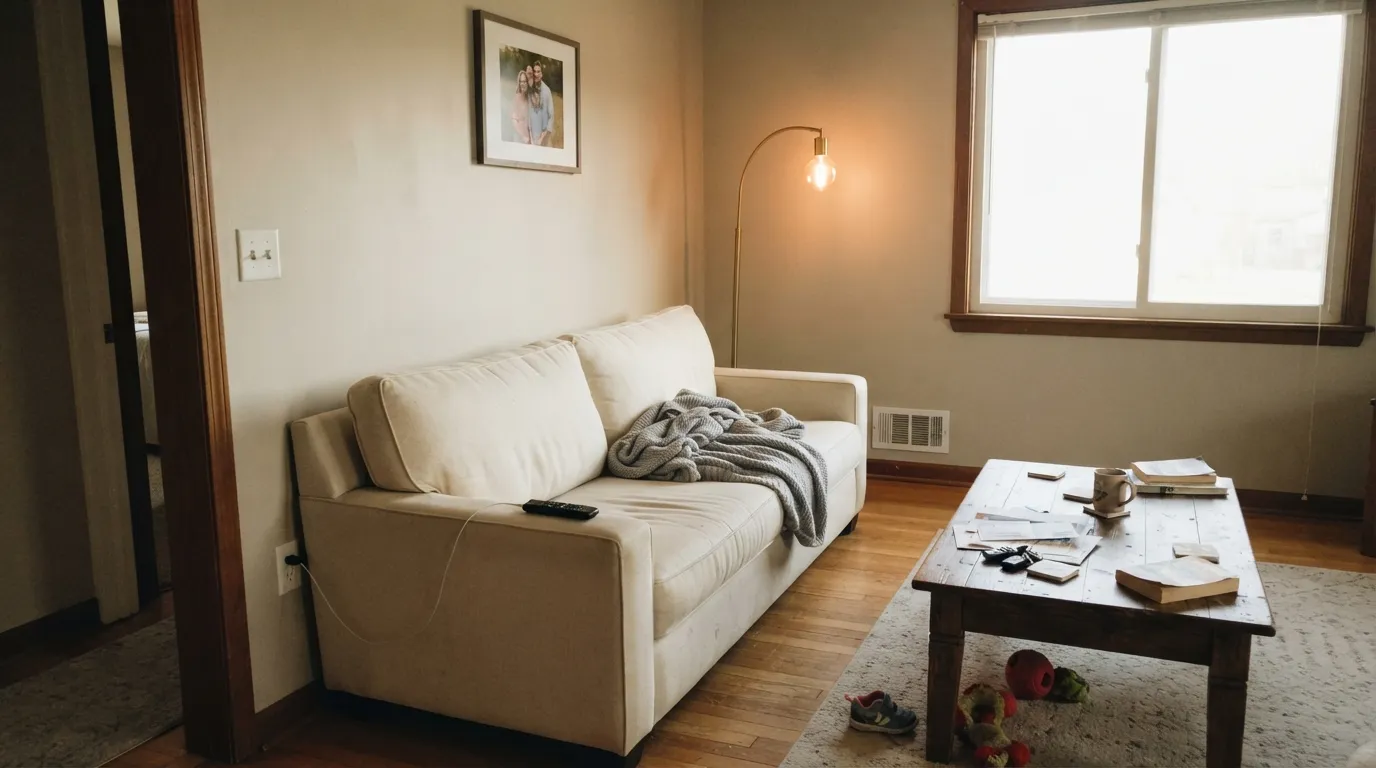 Accessible Beige across an open main floor — with real daylight and warm wood it reads calm and expensive, never yellow.