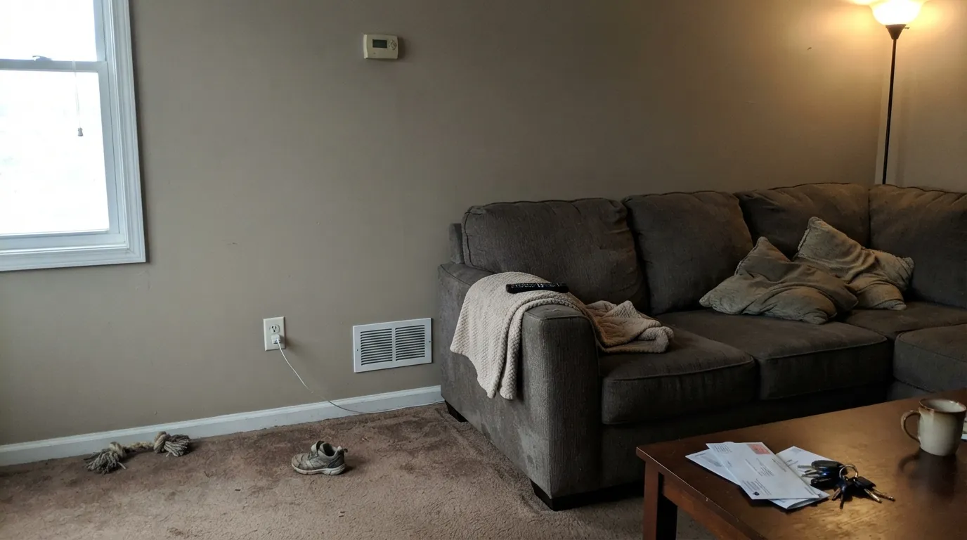 The honest shot: cool north light cancels the warmth and leaves the gray — the "TOOOO GRAY" situation from the Houzz threads.