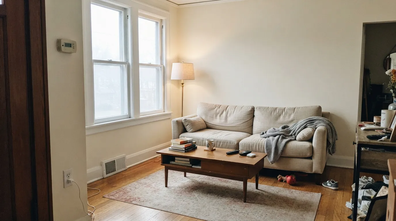 North light is where Aesthetic White is at its best — the cool daylight cancels the sand tone and the walls read soft rather than beige.
