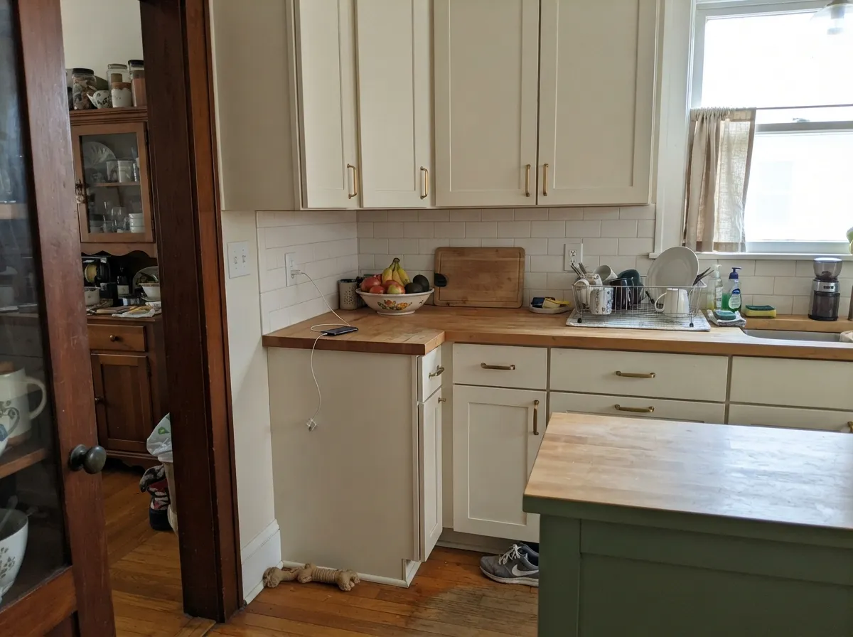 On cabinets the warmth reads as painted wood, not bright white — soft against butcher block and brass.
