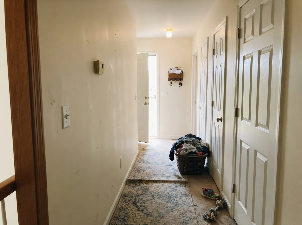 In a windowless hallway the LRV 71 does real work — it borrows light from the rooms either side instead of going gray.