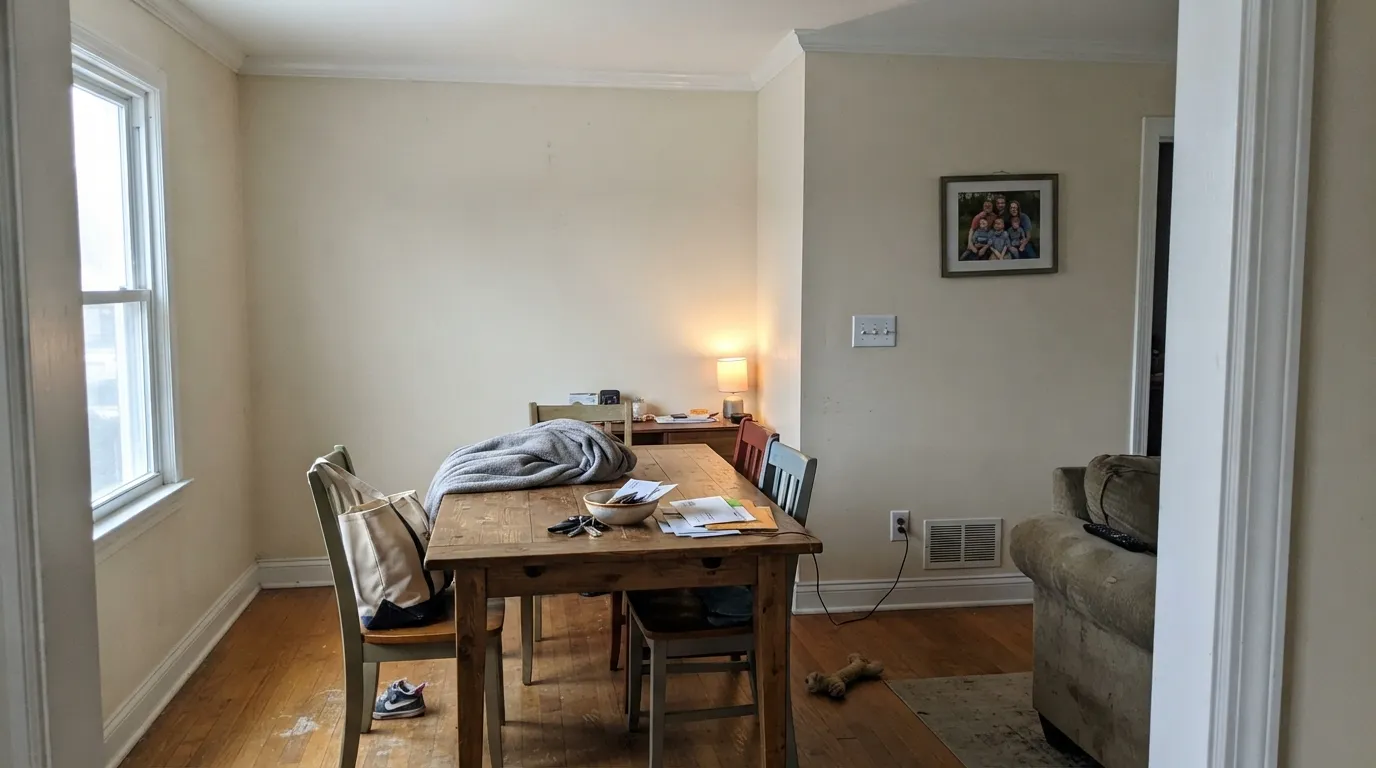 The honest shot: under a bright white ceiling with no lamps on, Aesthetic White stops looking like a white and starts looking tan — the single most common complaint about this color.