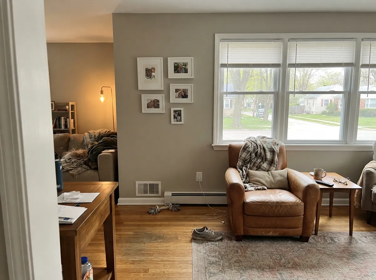 Agreeable Gray living room walls with wood floors, leather armchair, and white trim.