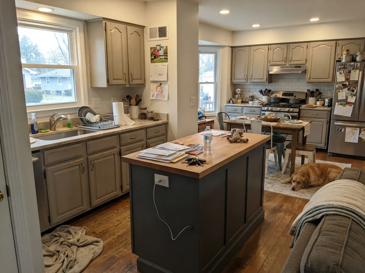 Agreeable Gray kitchen cabinets in satin with brass hardware and a dark island.
