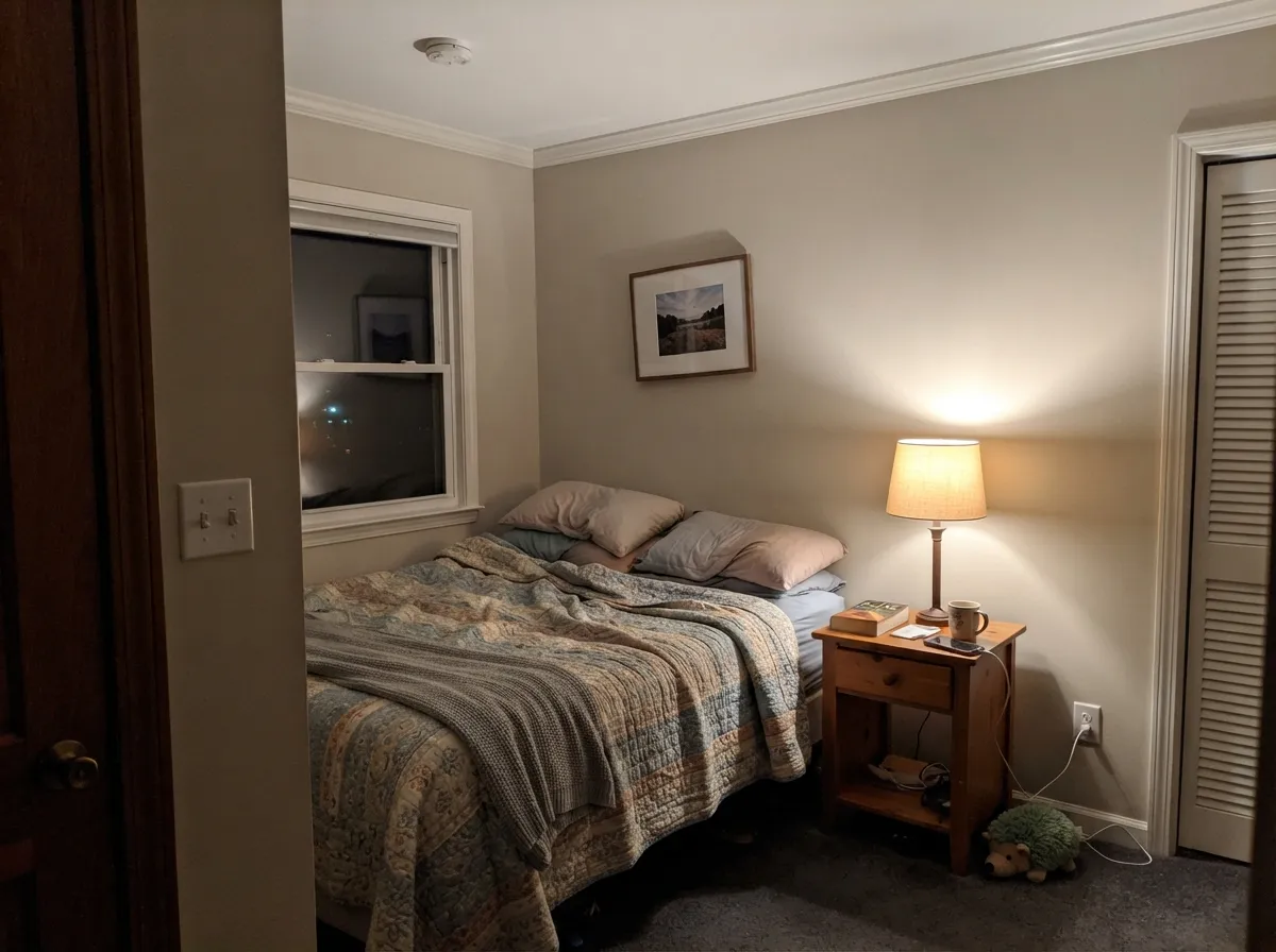 Agreeable Gray bedroom walls warmed by bedside lamplight at night.