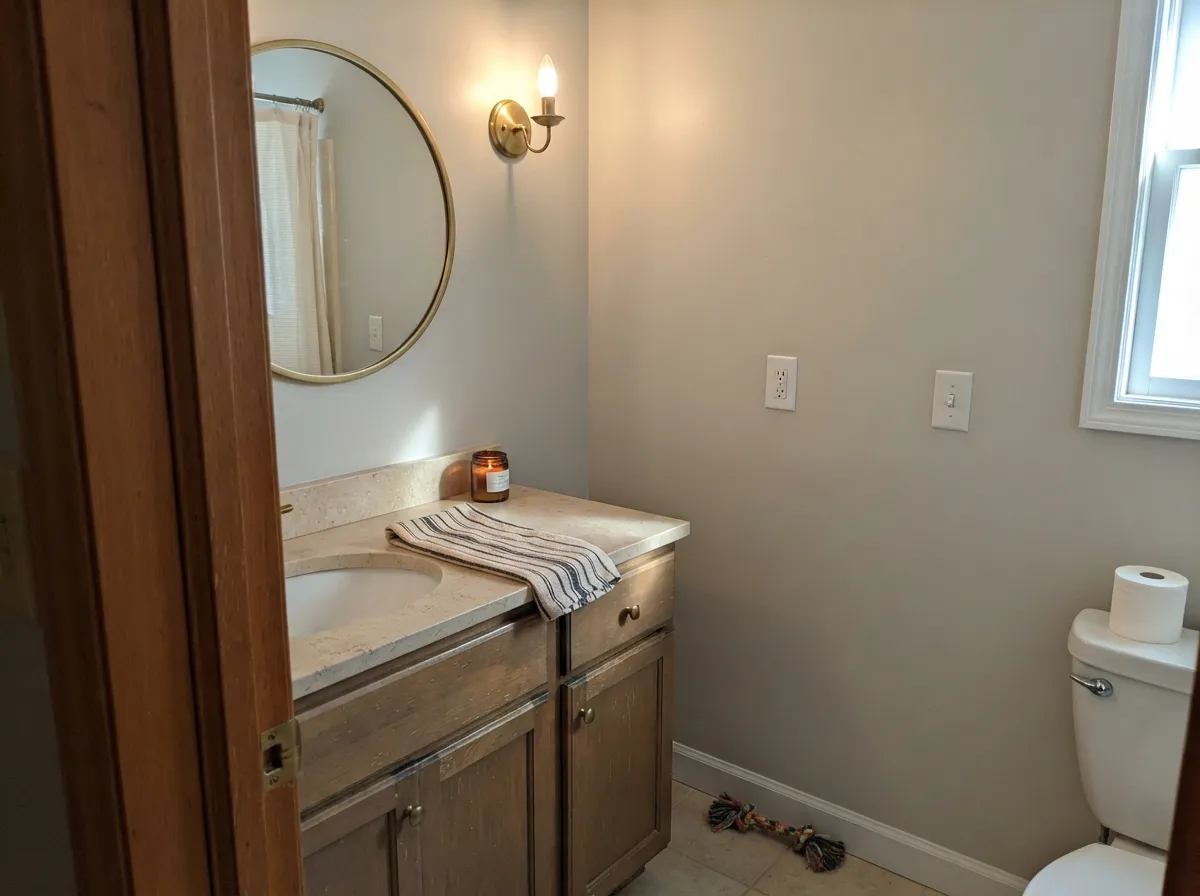 Agreeable Gray bathroom walls with warm stone counter and wood vanity.