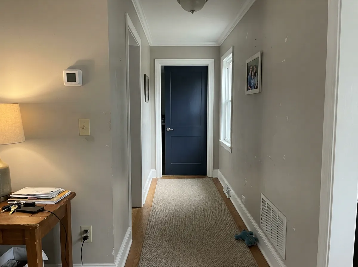 Agreeable Gray walls with white trim and a dark interior door.