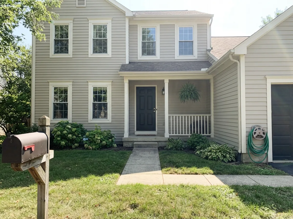 Agreeable Gray exterior siding with white trim and a dark front door in full sun.