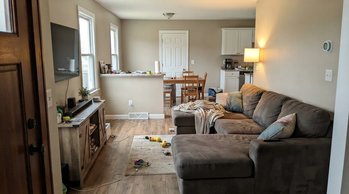 Agreeable Gray running an open main floor in real afternoon light — warm enough to feel finished, gray enough to stay clean against Pure White trim.