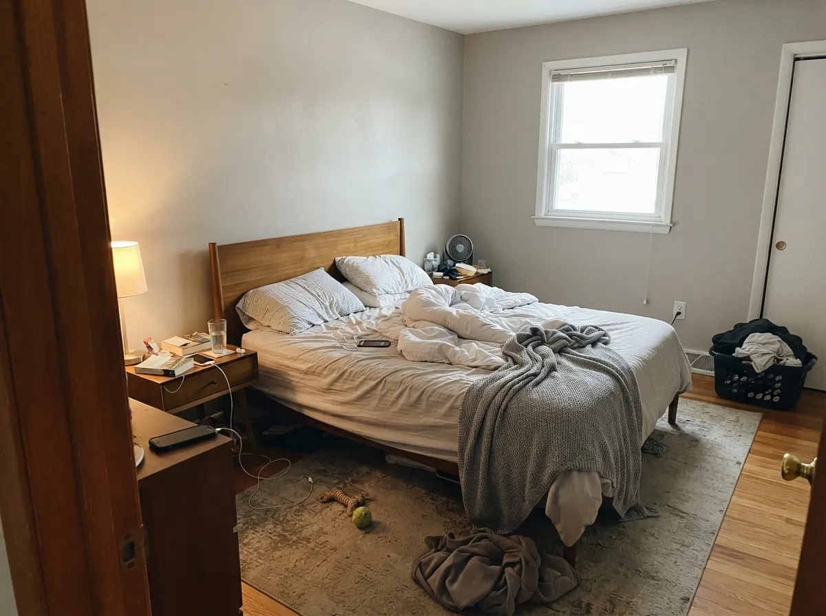 In a morning-lit bedroom the greige stays soft — no cold gray, no yellow beige.