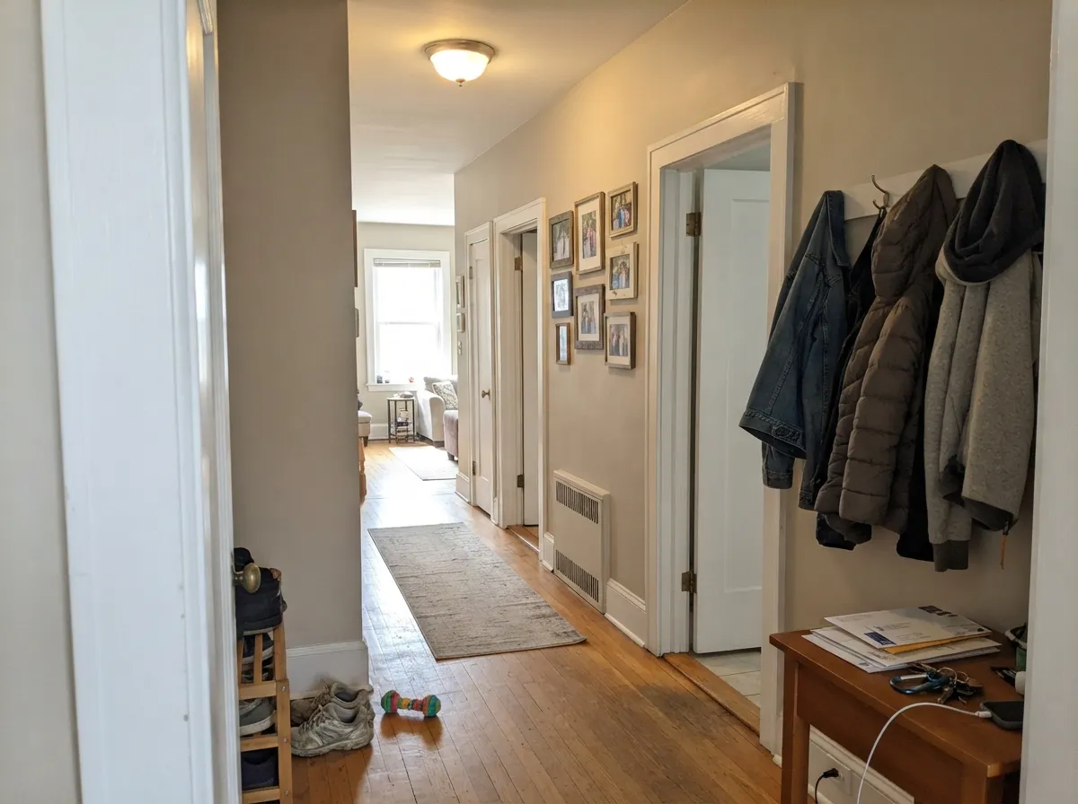 The whole-house test: hallways are where Agreeable Gray earns its keep, carrying room to room without clashing.
