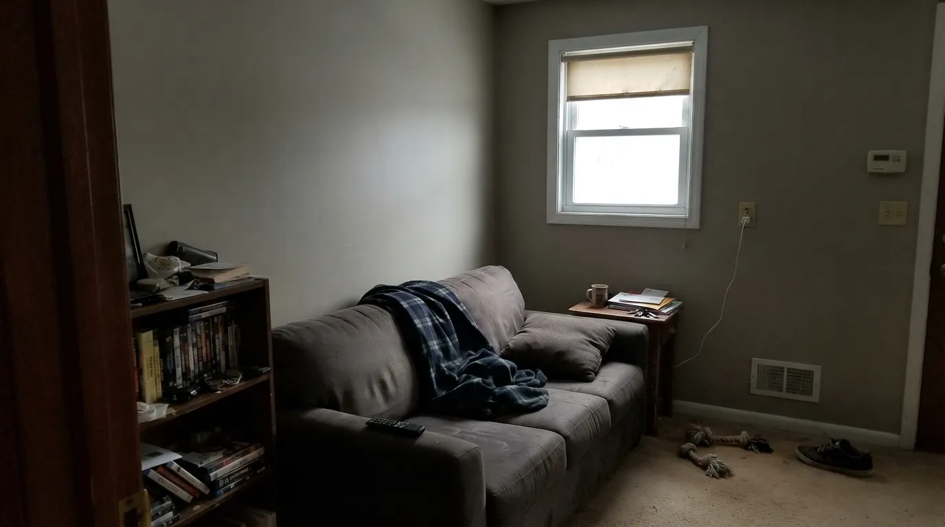 The honest shot: in a dim north room with no lamps, the warmth drains out and Agreeable Gray goes drab — the exact situation the one-star reviews describe.
