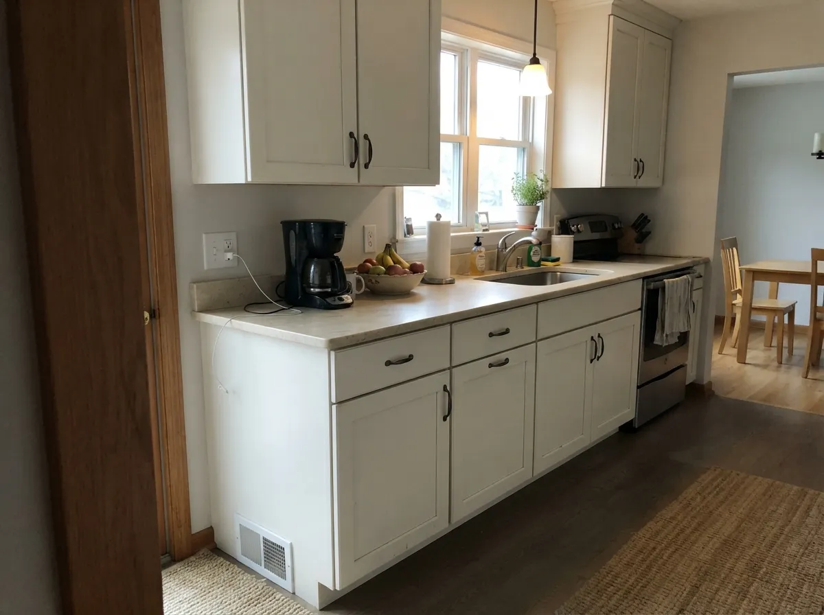 Alabaster kitchen cabinets in satin with oil-rubbed bronze hardware.