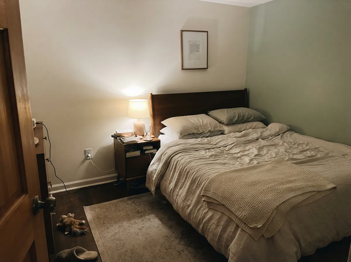 Alabaster bedroom walls with a muted green accent wall, warmed by lamplight at night.