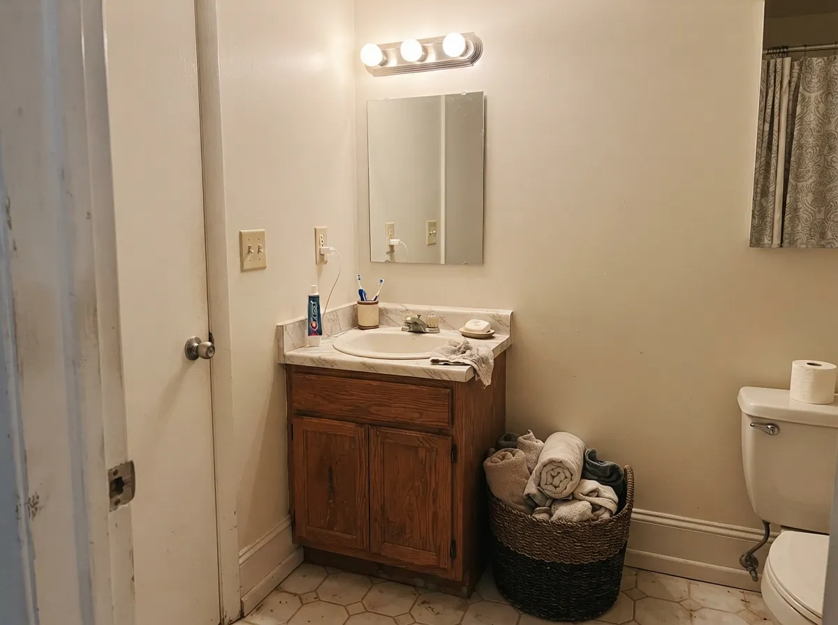 Alabaster walls in a windowless powder room with a wood vanity.