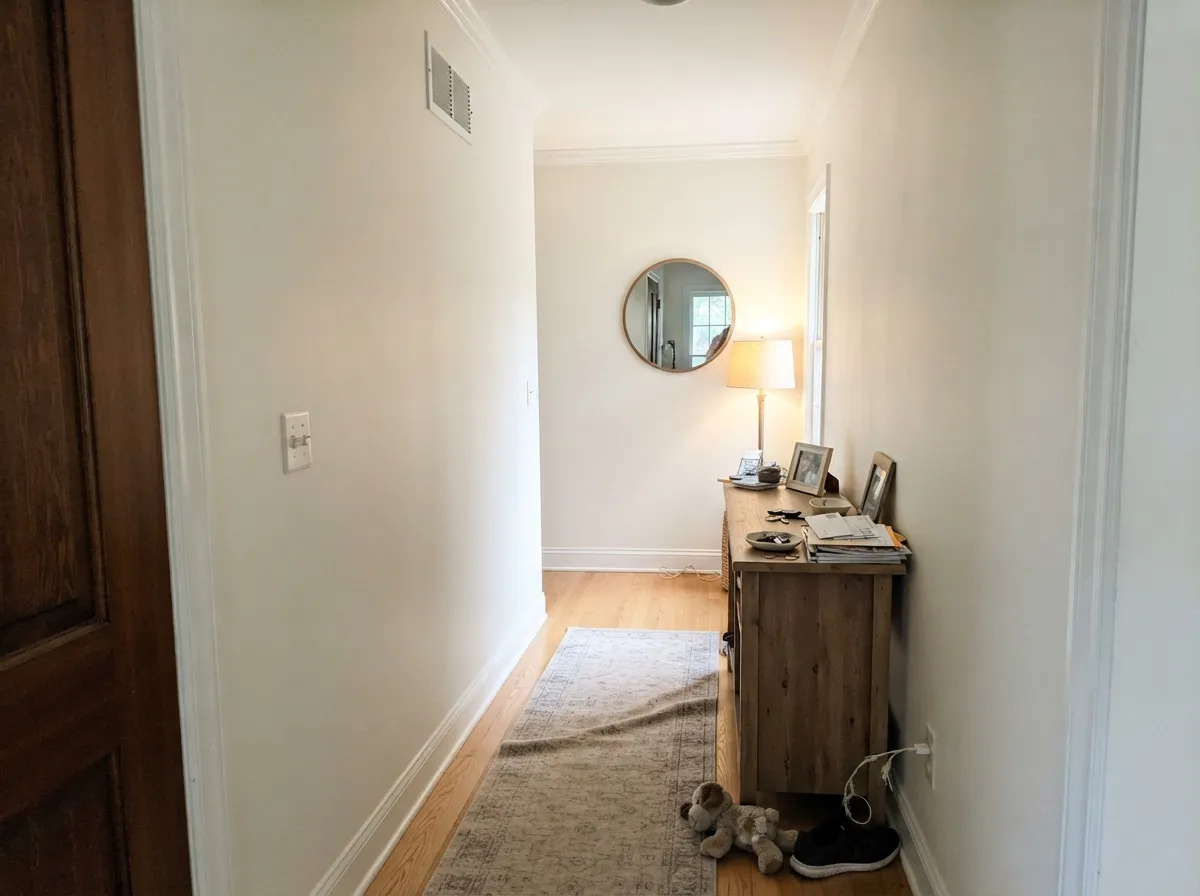 Alabaster walls, trim, and ceiling in a monochrome hallway.