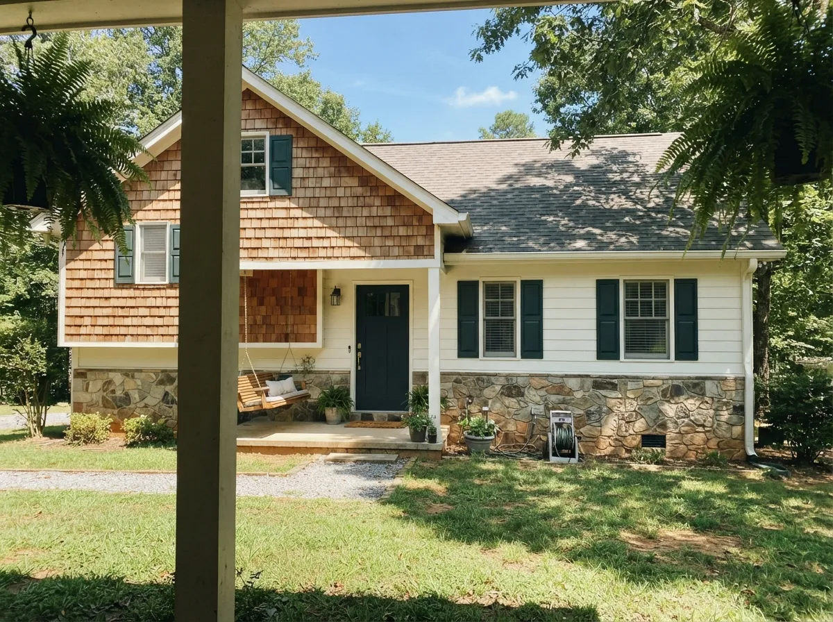 Alabaster exterior siding with cedar accents and dark shutters in full sun.