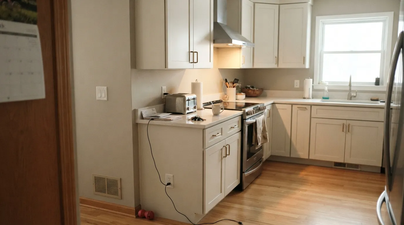Alabaster cabinets against Agreeable Gray walls — the soft-white-not-stark look that made it the cabinet default.