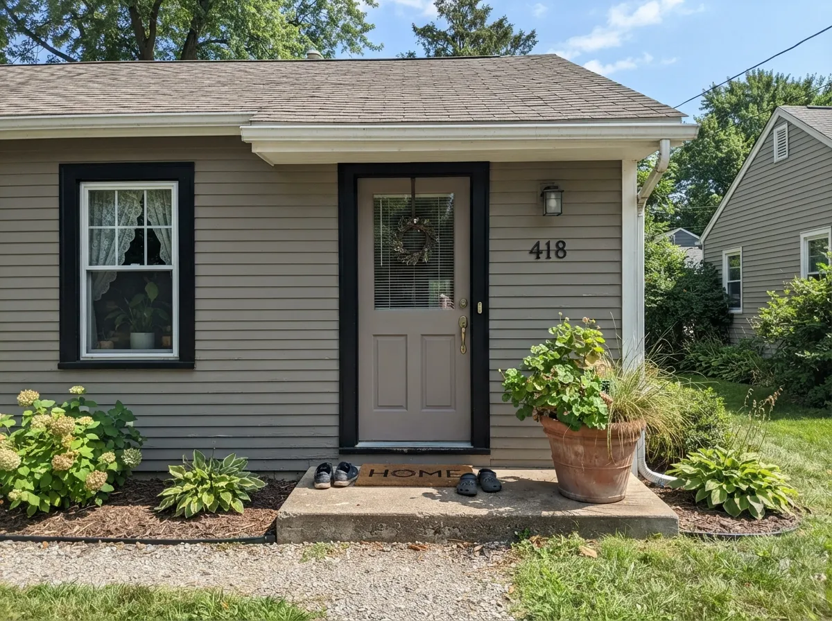 Alpaca with a black door and black trim — the pairing designer blogs recommend first, and full sun keeps the violet quiet.