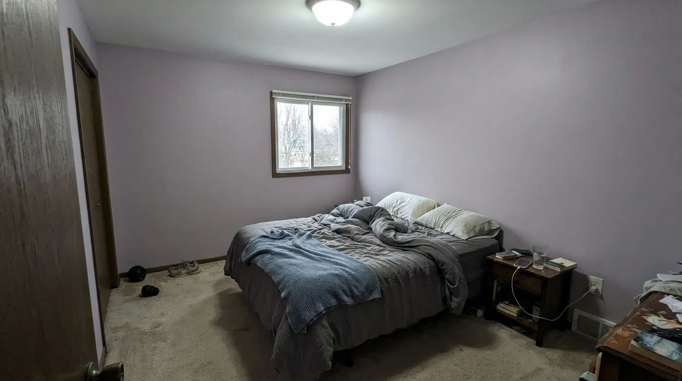 The honest shot: cool north light with cool-white bulbs pulls the violet forward and the wall drifts toward lavender — the exact complaint behind Alpaca's rougher reviews.