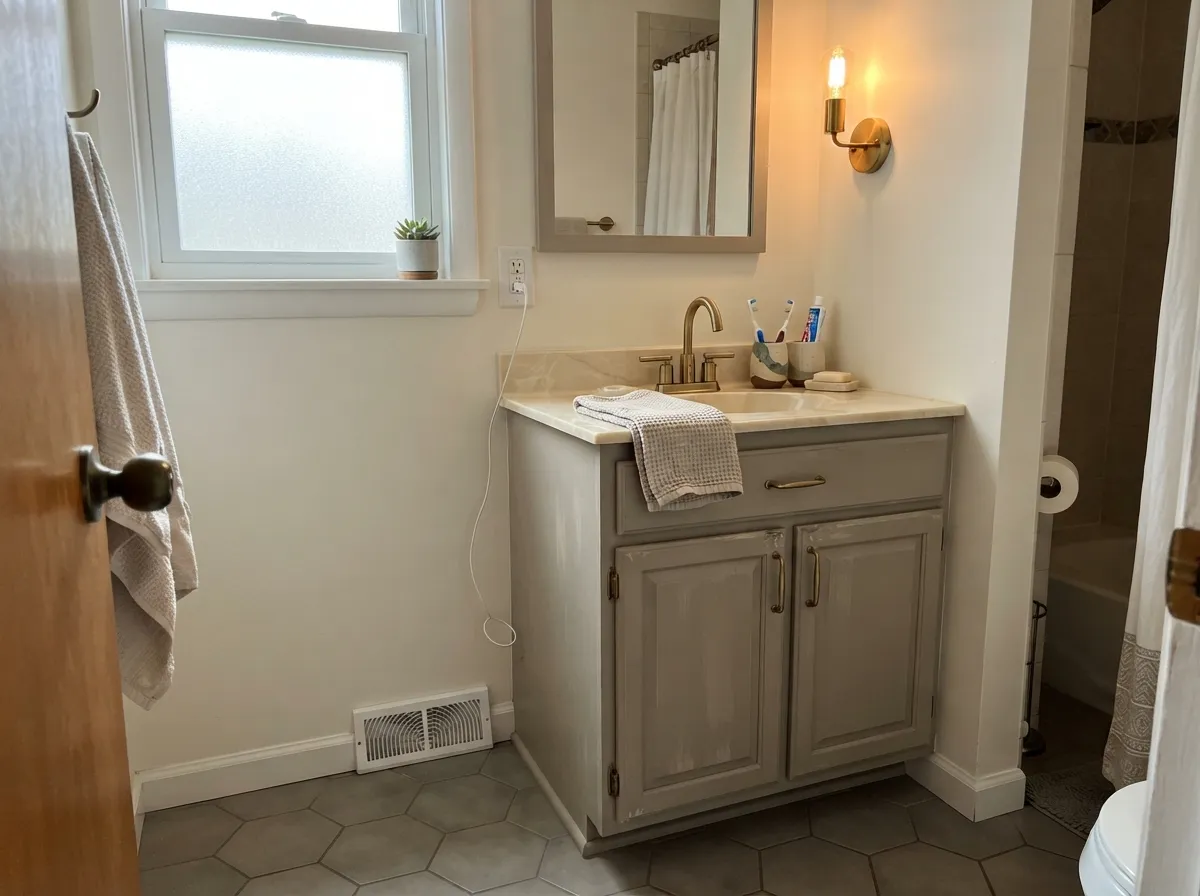 The other job it was built for: a vanity that reads custom under warm light and brass hardware.