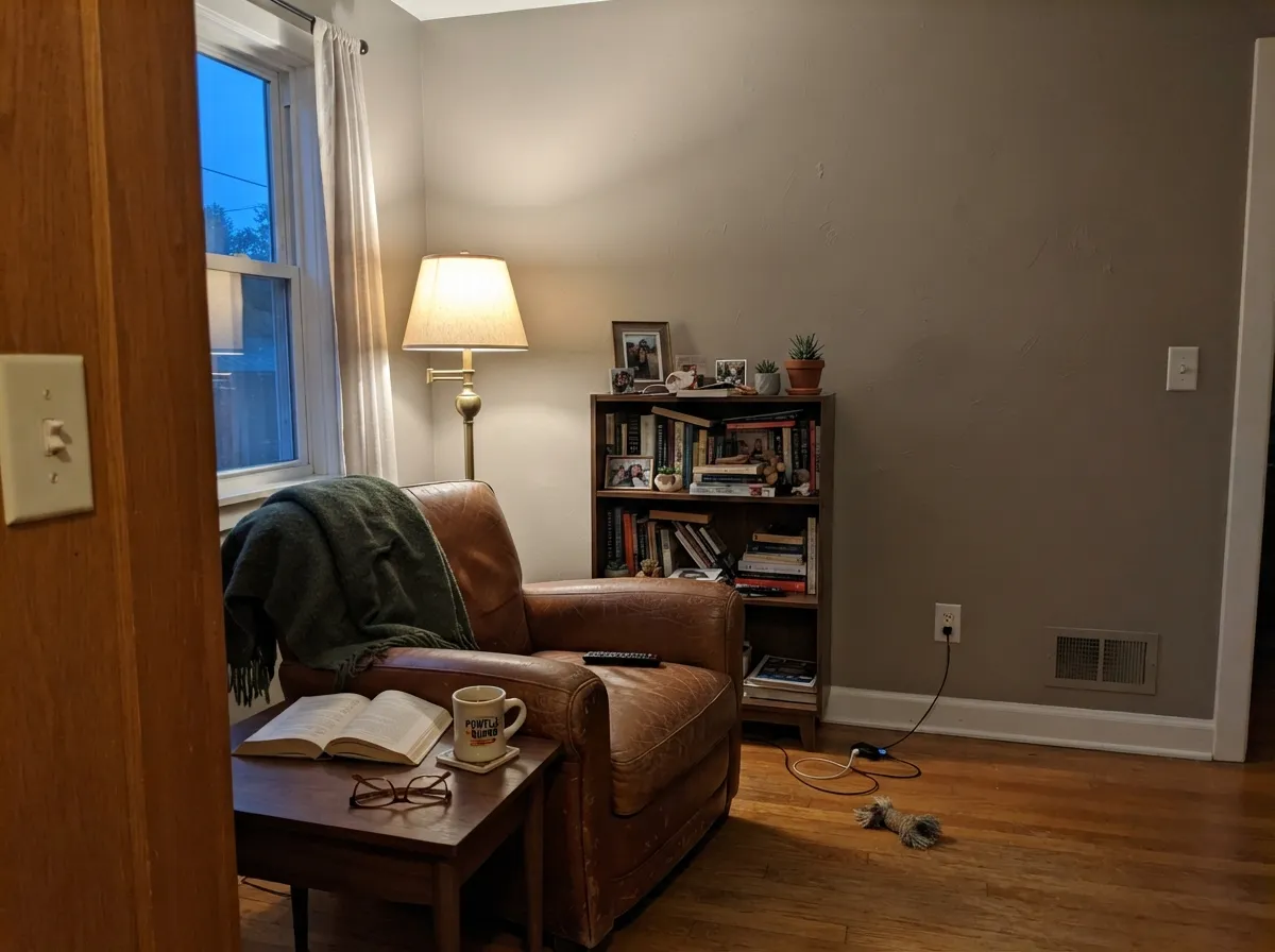 In a single closed room with warm lamp light and walnut, the depth reads as a deliberate choice, not a risk.