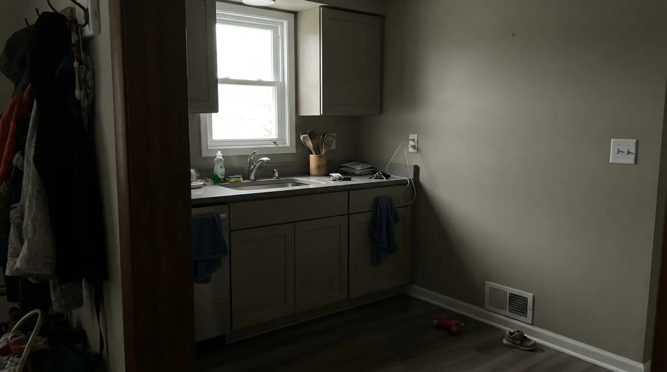 The honest shot: cool north light and cool quartz together. The warmth drains out, the green in the undertone shows, and the counter starts to argue with the cabinets — the exact combination behind the color's regret stories.