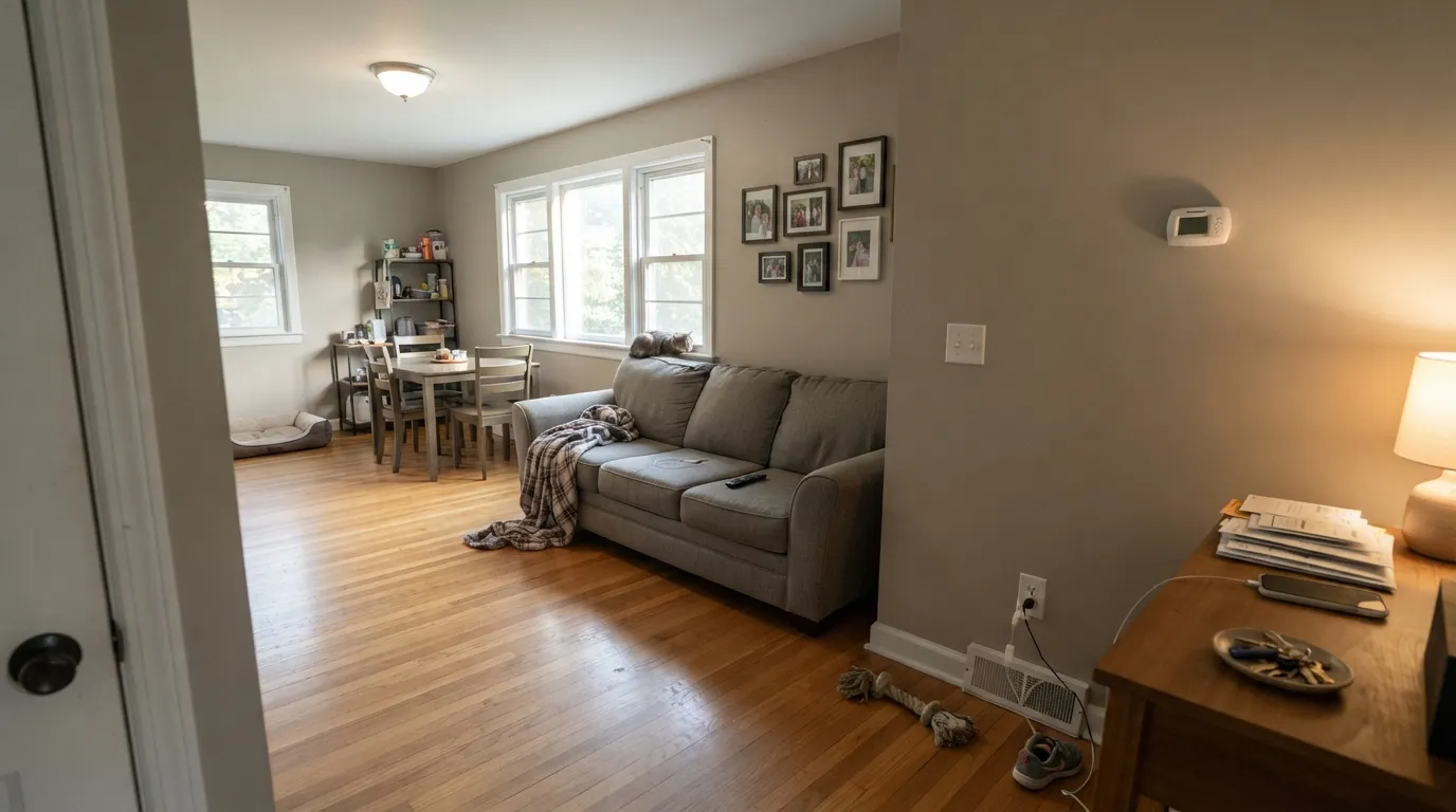 Late west sun is where Anew Gray belongs — warm enough to make honey oak floors look deliberate, deep enough to hold its color against Alabaster trim.