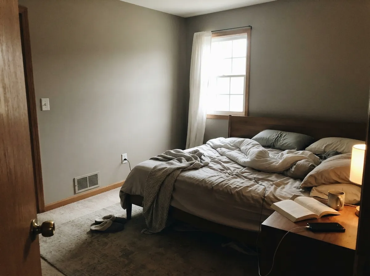 In a south-facing bedroom the warmth stays put — cozy and grounded rather than dark.