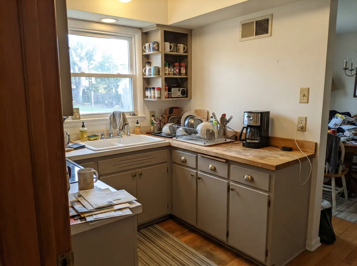 Daytime, with real window light, the cabinets read as warm stone against brass and wood.