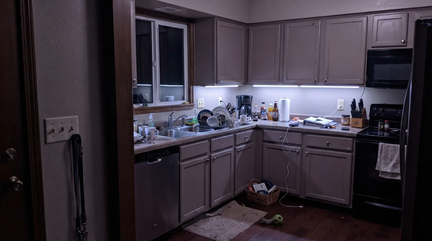 The honest shot: at night under cool white under-cabinet LEDs, the warmth drains away and Anew Gray shifts dusty purple — the exact complaint that fills the cabinet forums.