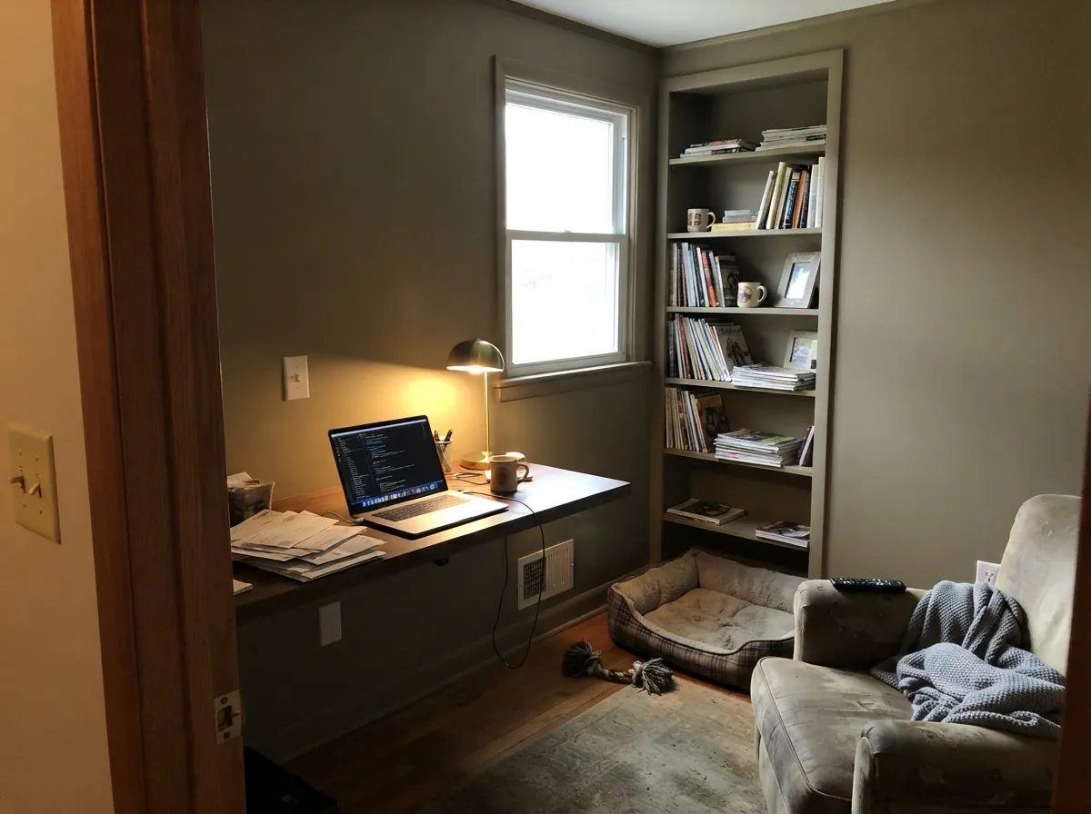 In an enclosed study with warm lamp light, the color reads deep and considered — not a light greige pretending to be moody.