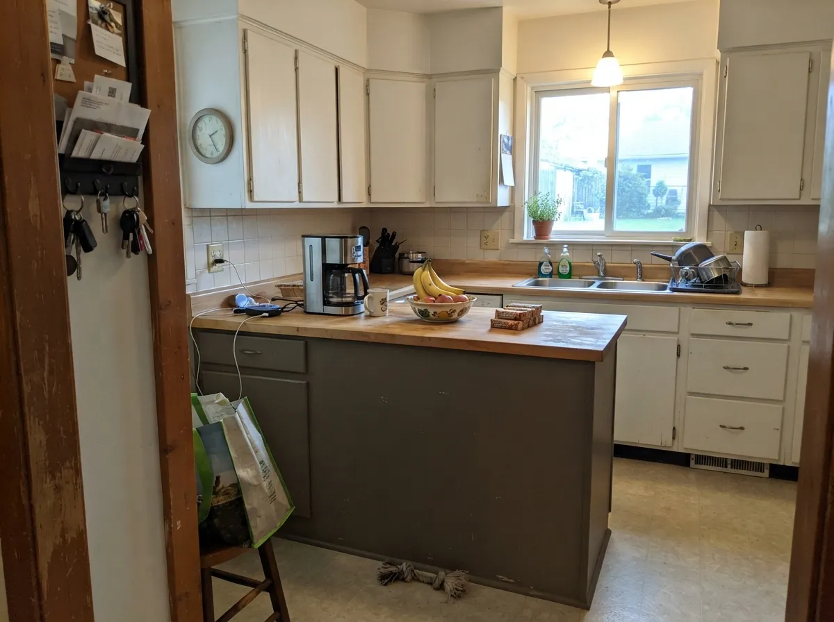The other job it's actually sold for: an island or lower-cabinet color under lighter uppers, holding up to daily kitchen wear without going full-dark.