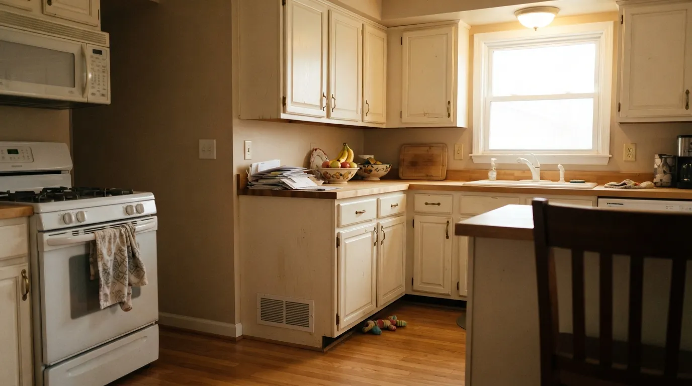 Antique White cabinets in the kitchen it was built for — warm oak floors, brass hardware, real afternoon light. This is the deep, confident cream at its best.