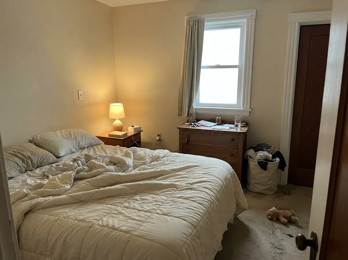 Under warm lamps it turns cozy and cocooning rather than bright — a cottage-bedroom color, not an airy-modern one.